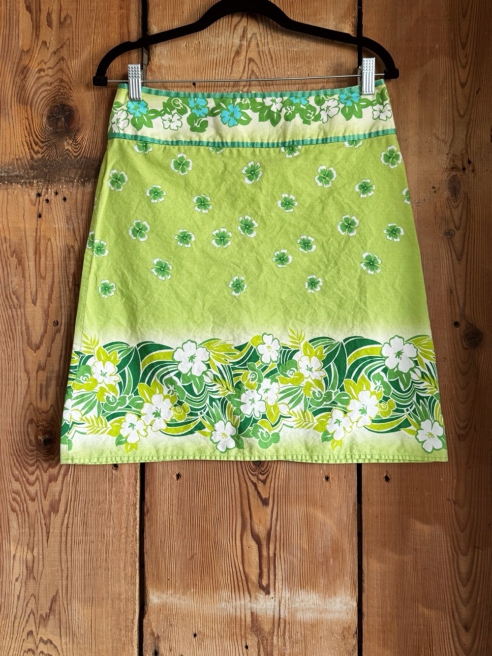 Sz 7 Junior’s Tracy Evans Ltd 100% Cotton Y2K Lime Green Hawaiian Mini Skirt EUC